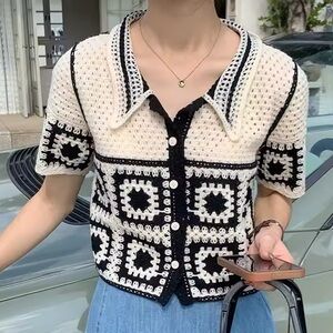 Black and White Collared Crochet Cardigan